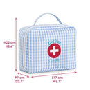 Large blue and white checked doctor suitcase for Corolle dolls, featuring a red cross logo and dimensions: H22 cm, L17 cm, D7 cm.