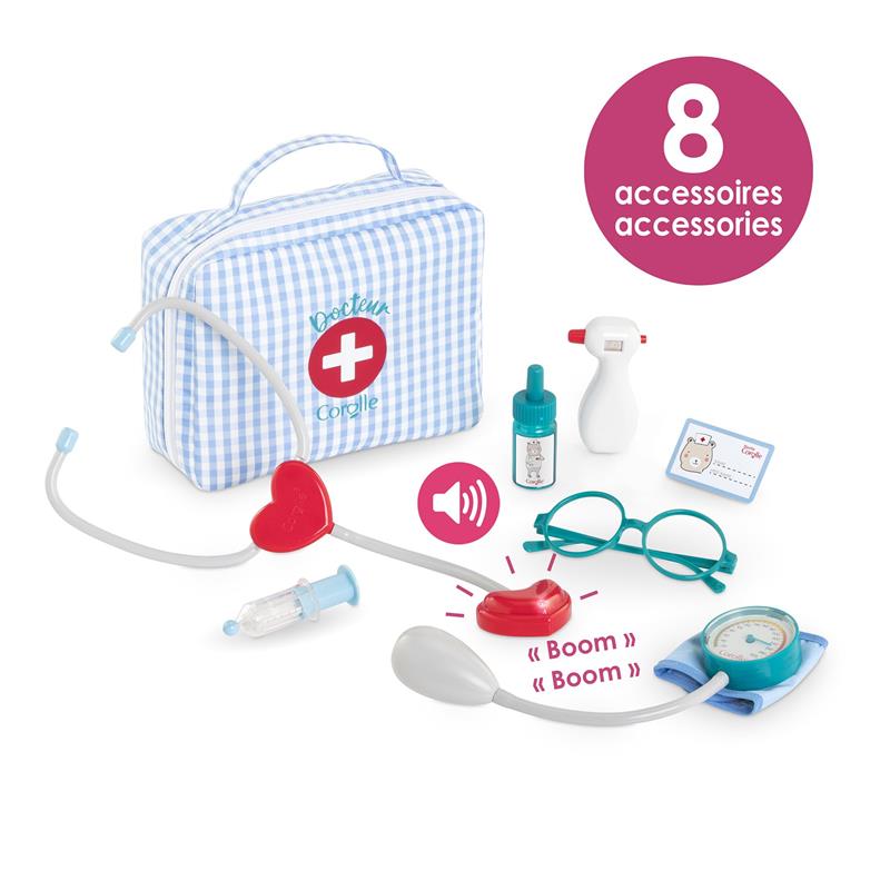 Corolle Dolls Large Doctor Suitcase with stethoscope, thermometer, glasses, and eight accessories for pretend play.