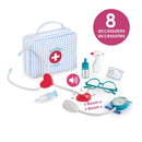 Corolle Dolls Large Doctor Suitcase with stethoscope, thermometer, glasses, and eight accessories for pretend play.