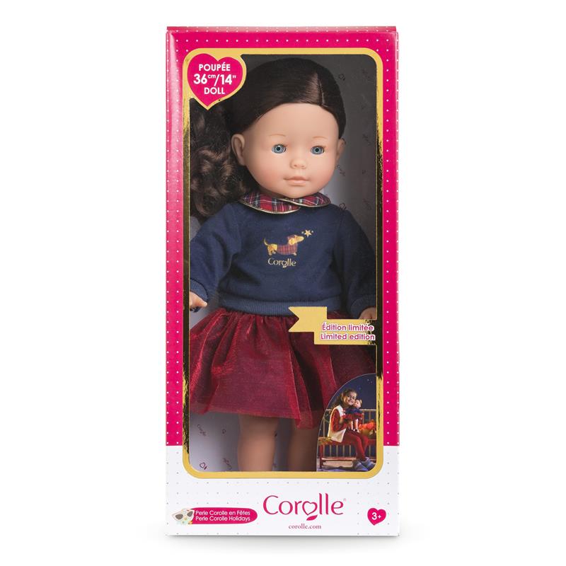 Corolle Ma Perle doll in a blue sweater with a reindeer design and a red skirt, in a pink boxed packaging.