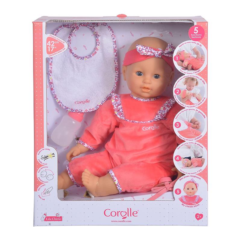 42 cm Corolle Mon Grand Poupon doll in pink outfit with bib and bottle, featuring a vanilla scent and five interactive functions.