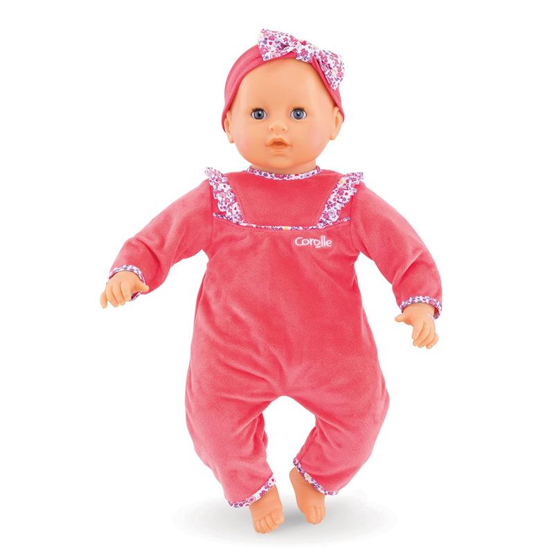 Corolle Mon Grand Poupon Purple Chérie doll, 42 cm, dressed in a pink outfit with a floral neckline and matching headband.