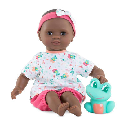 Corolle Dolls Mon Premier Poupon Bath Baby Alyzee, a brown-skinned doll in a colorful outfit, with a frog toy.