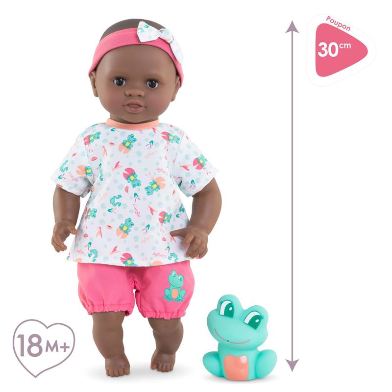 Corolle Dolls Mon Premier Poupon Bath Baby Alyzee, 30 cm doll with a floral shirt, pink shorts, and a frog toy. Suitable for ages 18 months and older.