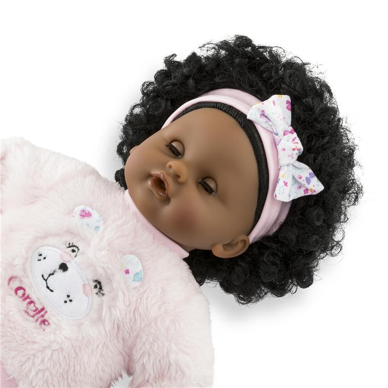 12-inch Corolle Baby Calin Caroline doll with curly hair, wearing a pink fuzzy outfit featuring a bear design.