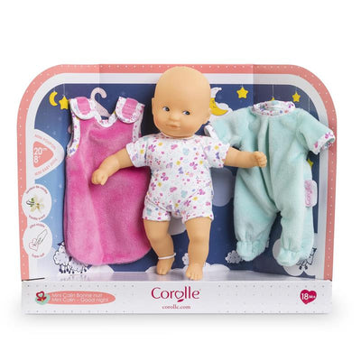 Corolle Dolls My First Doll, Mini Hug Bonne Nuit, features a baby doll with pink and blue pajamas and accessories.