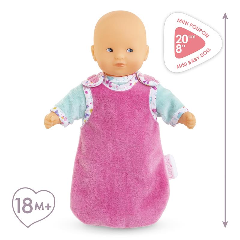 Mini Hug Bonne Nuit Corolle Doll, 20 cm, wearing a pink dress with floral details, suitable for ages 18 months and up.