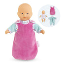 Corolle Dolls My First Doll, Mini Hug Bonne Nuit in a pink sleeping bag, with a floral top and additional outfits shown.