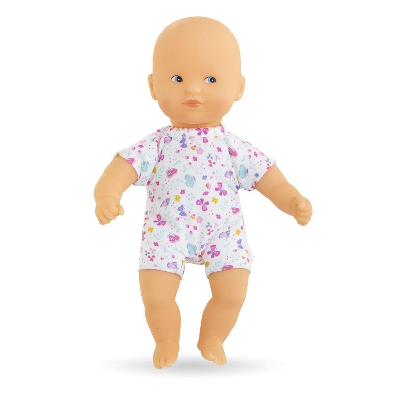 Corolle Dolls My First Doll, Mini Hug Bonne Nuit, features a soft-bodied baby doll wearing a butterfly-patterned onesie.