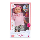 Corolle Premier Poupon Coralie baby doll in pink outfit with floral pants, includes bath toy duck. Suitable for ages 18 months and up.
