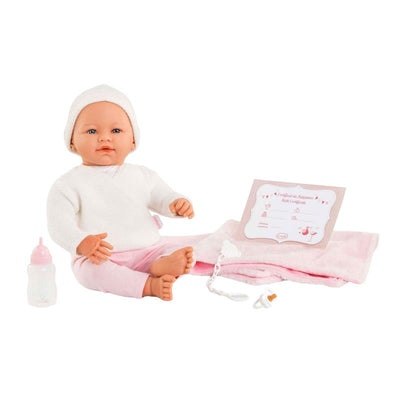 Corolle Rose 17-inch newborn doll with a pink outfit, bottle, blanket, pacifier, and certificate.