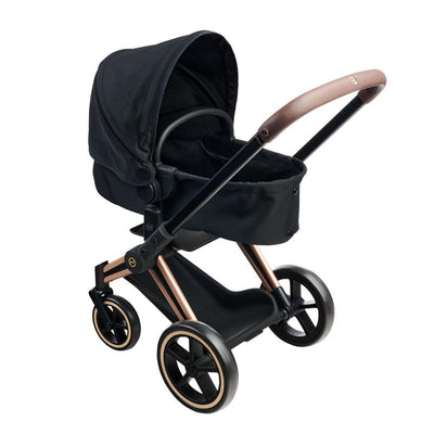 Cybex Pram in black with a stylish design, featuring a canopy, padded interior, and copper accents.