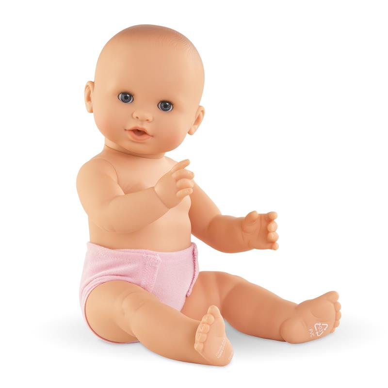 Corolle Dolls Tulip Changing Accessory Set includes a soft-bodied, vinyl doll wearing a pink diaper, demonstrating a friendly pose.