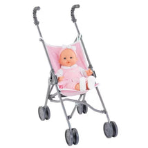 Corolle Dolls Umbrella Doll Stroller in pink stripes with a seated doll dressed in pink overalls and a bow headband.