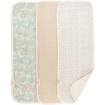 Three baby burp cloths from the Crane Bedding Cove set, featuring beach-themed patterns and textures in soft colors.