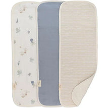 Three baby burp cloths featuring ocean-themed designs, including jellyfish and starfish, in soothing colors.