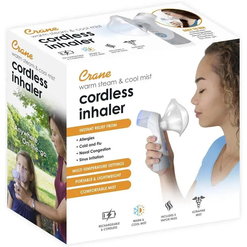 Cordless warm and cool mist inhaler by Crane, shown with a woman using it; claims relief from allergies and cold symptoms.
