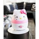 Cute Hello Kitty humidifier with a pink and white design, emitting cool mist, located on a table.