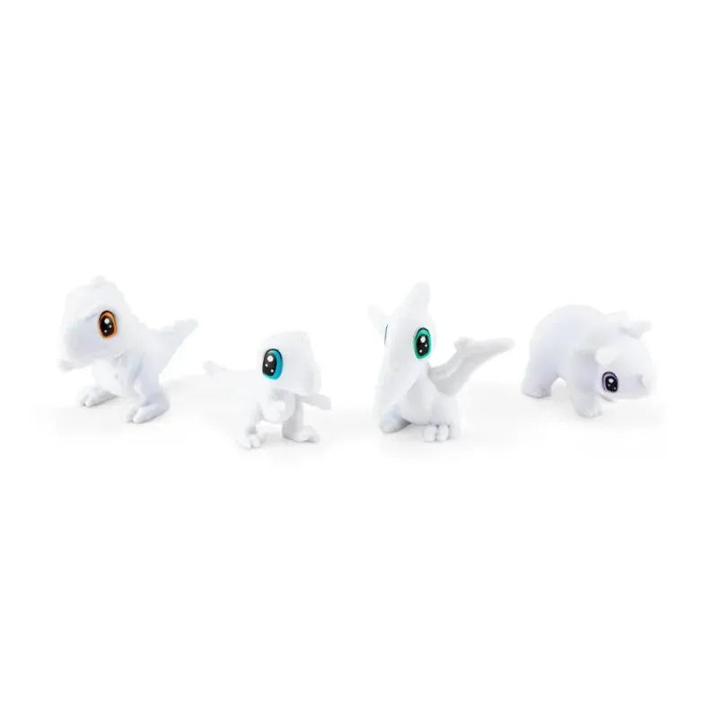 Four white dinosaur figurines with large, colorful eyes, featuring different dinosaur shapes and sizes.