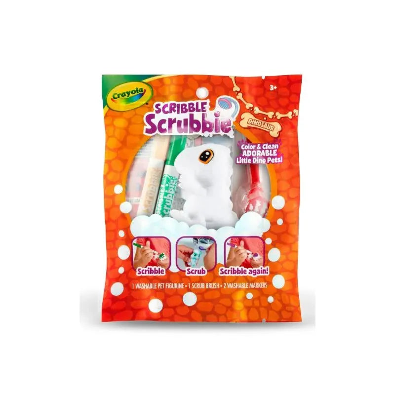 Scribble Scrubbie dinosaur toy set, featuring a washable pet figurine, scrub brush, and two markers, with colorful packaging.