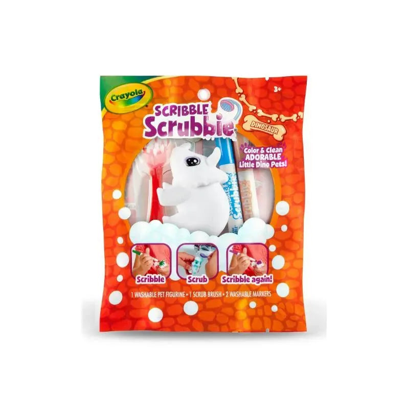 Scribble Scrubbie Dinosaur set by Crayola, featuring a white dinosaur figurine, scrub brush, and washable markers.