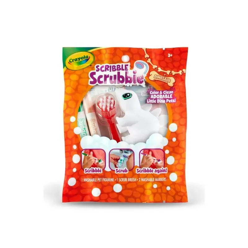 Crayola Scribble Scrubbie Dinosaur set with a white dinosaur figurine, a scrub brush, and two washable markers.