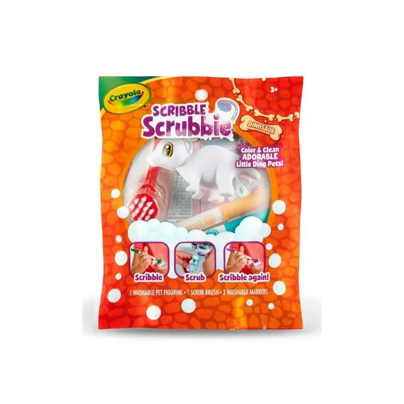 Scribble Scrubbie dinosaur toy set with a washable figurine, scrub brush, and washable markers, featuring color and clean instructions.