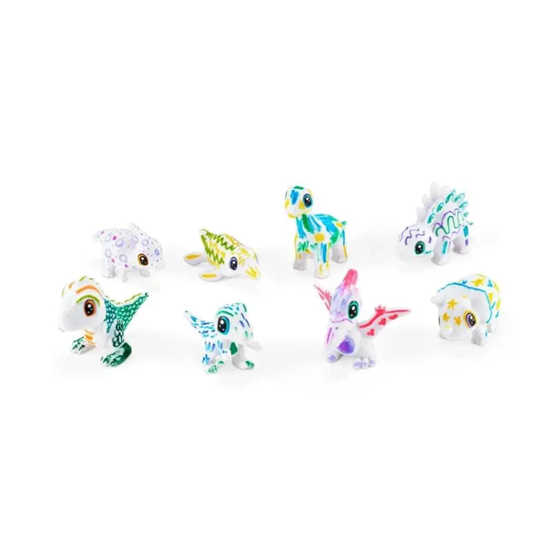 Colorful dinosaur figurines from Crayola Scribble Scrubbies set, each decorated with assorted patterns, ideal for creative play.