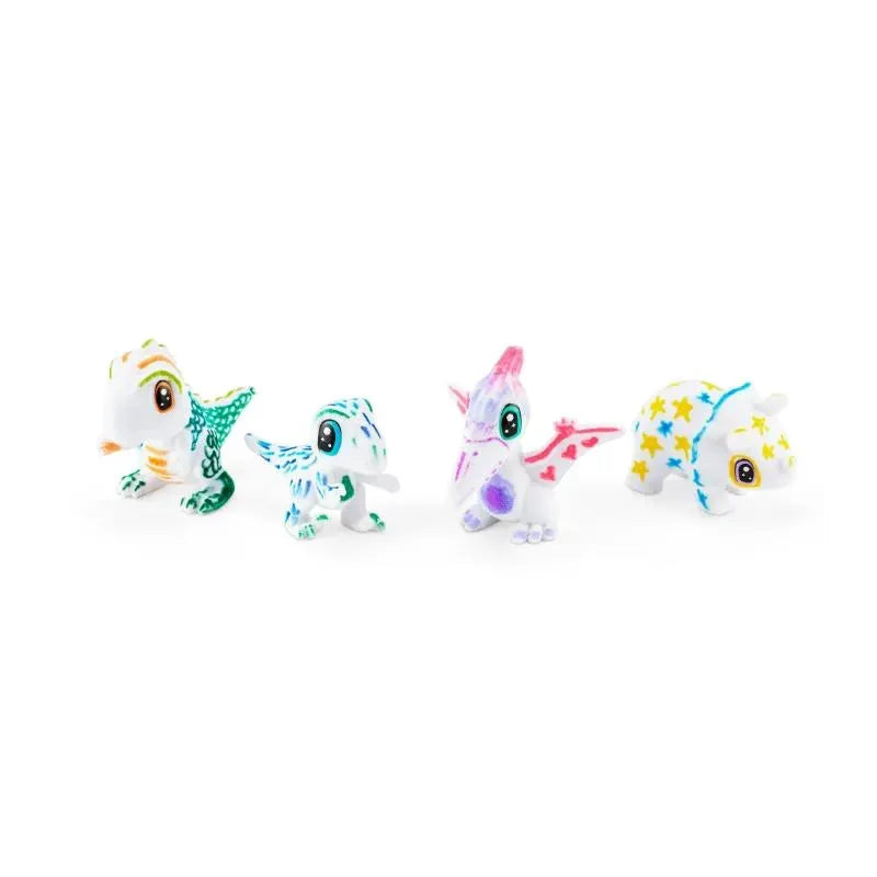 Crayola Scribble Scrubbie Dinosaur set featuring four colorful, customizable dinosaur figures with unique designs.