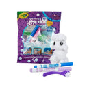 Crayola Scribble Scrubbie Pets set featuring a white pet figurine, two washable markers, a scrub brush, and packaging.