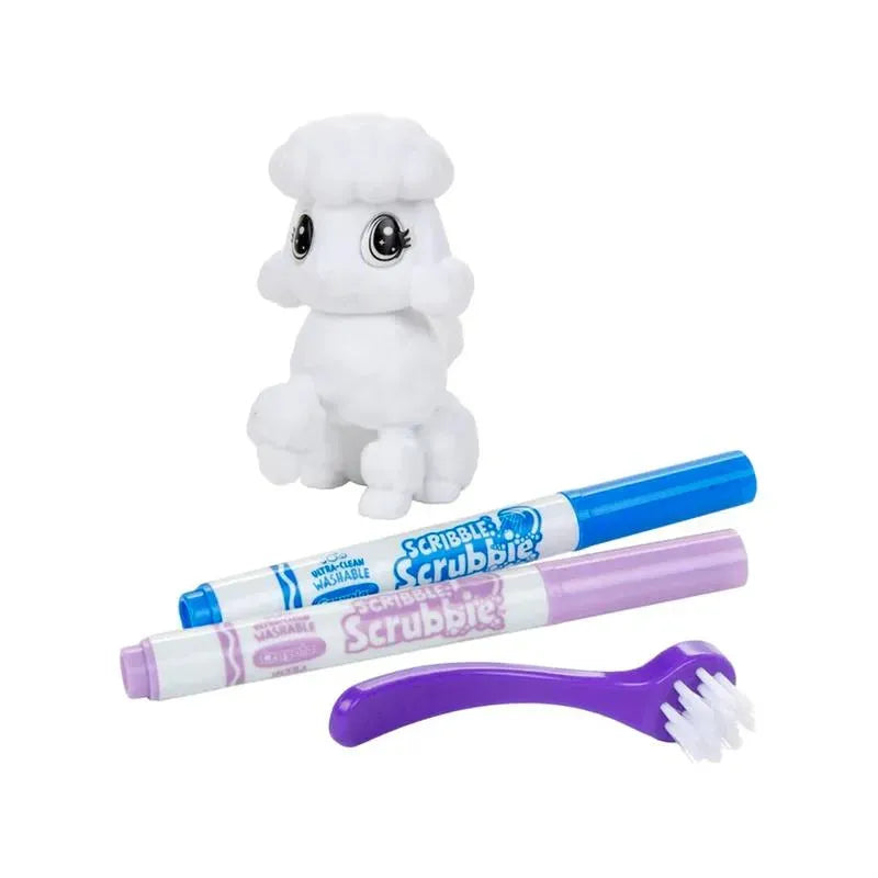 White pet figurine with large eyes, two washable markers (blue and purple), and a small scrub brush for coloring and cleaning.