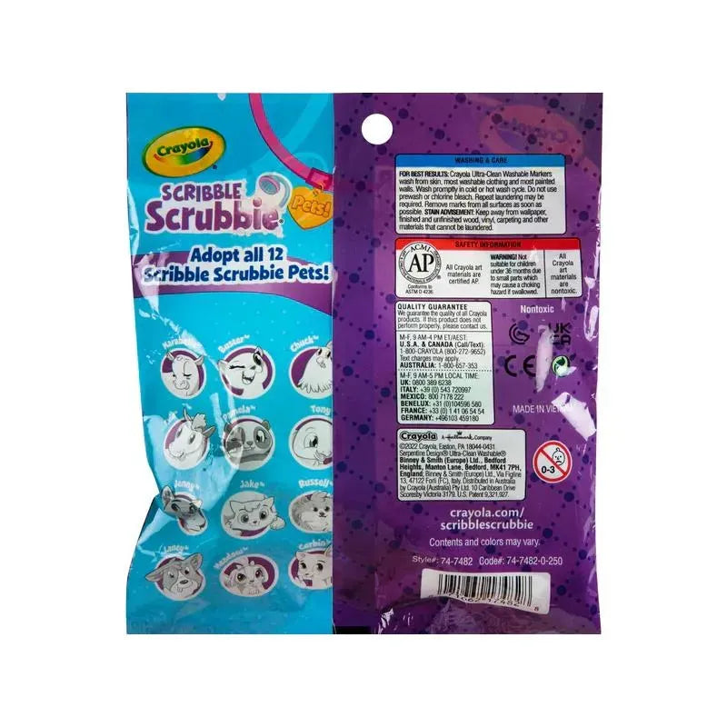 Crayola Scribble Scrubbie Pets packaging with illustrations of 12 adoptable pets and care instructions on the back.