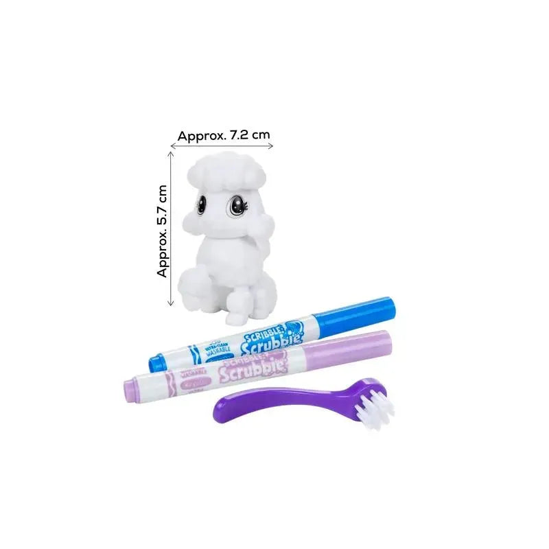 Crayola Scribble Scrubbie pets set including a white pet figure, washable markers, and a small scrub brush.