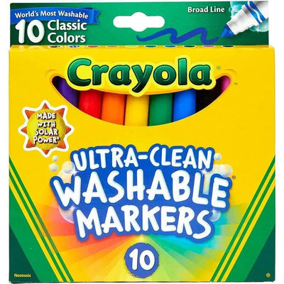 Crayola Ultra-Clean Washable Classic Broad Line Markers set featuring 10 vibrant colors, packaged in a bright yellow box.