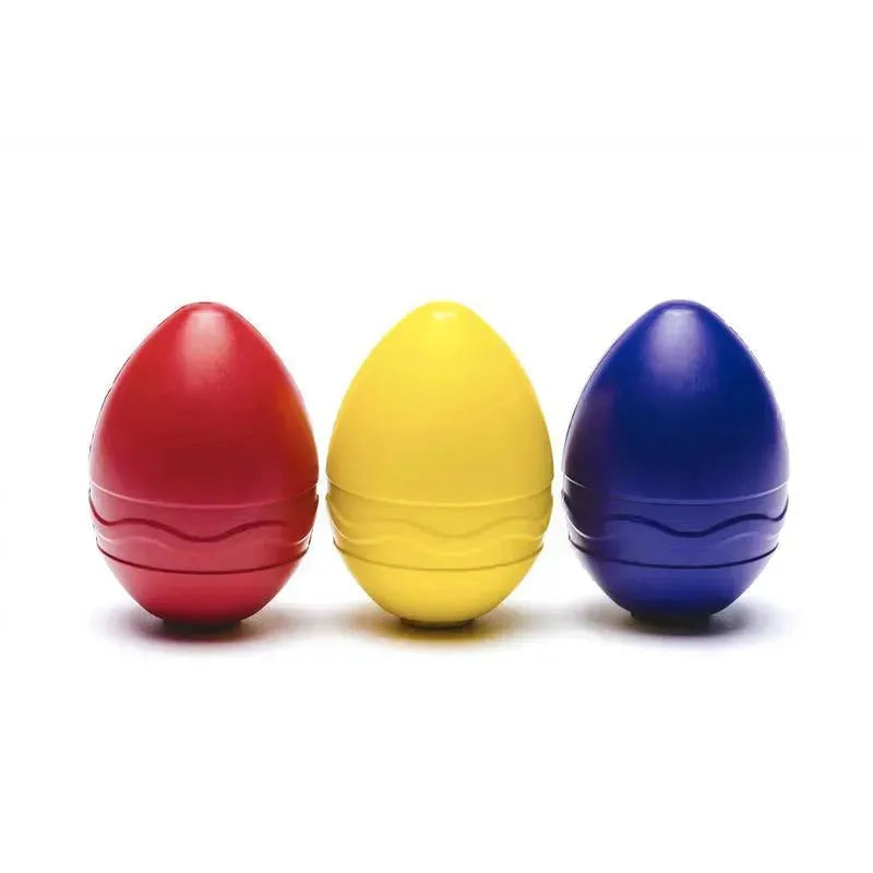 Three Crayola washable egg crayons in red, yellow, and blue, each with a smooth, rounded design.