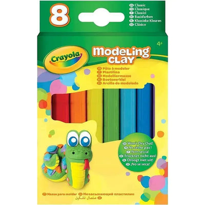 Crayola 8 Ct Modeling Clay pack featuring colorful clay sticks and a green snail figure, suitable for ages 4 and up.