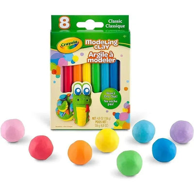 Crayola 8 Ct Modeling Clay set includes vibrant pink, purple, blue, green, yellow, orange, red, and white clay, designed for creative play.