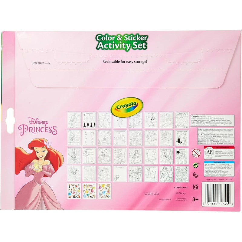 Crayola Color & Sticker Activity Set featuring Disney Princess illustrations, suitable for children aged 3 and up.