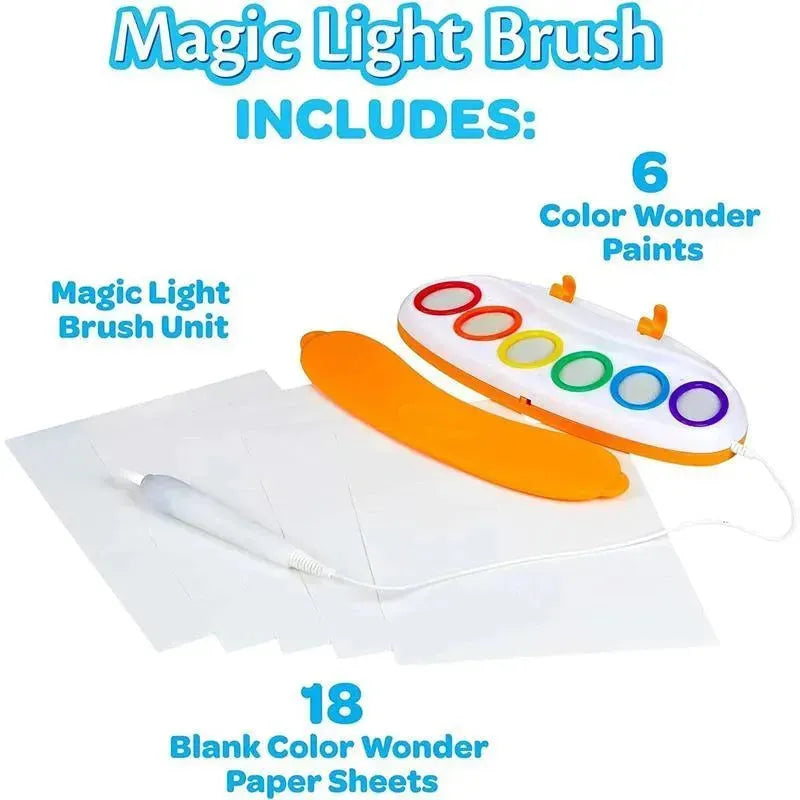 Crayola Color Wonder Magic Light Brush set, including the brush unit, 6 paint colors, and 18 blank paper sheets.
