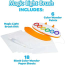Crayola Color Wonder Magic Light Brush set, including the brush unit, 6 paint colors, and 18 blank paper sheets.