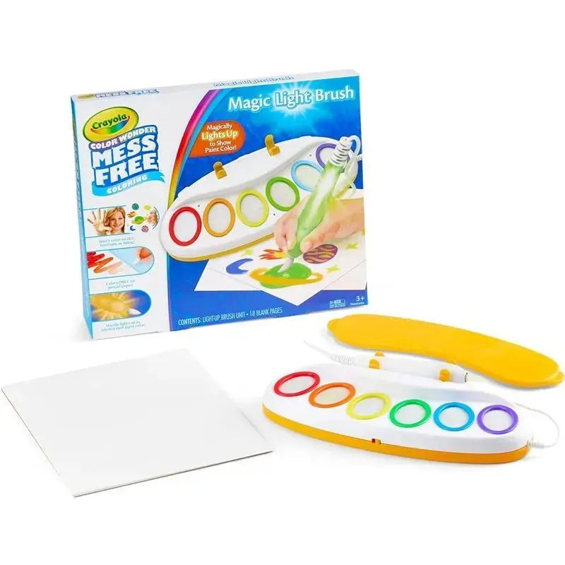 Crayola Color Wonder Magic Light Brush set with light-up brush, color palette, and blank paper for mess-free painting.
