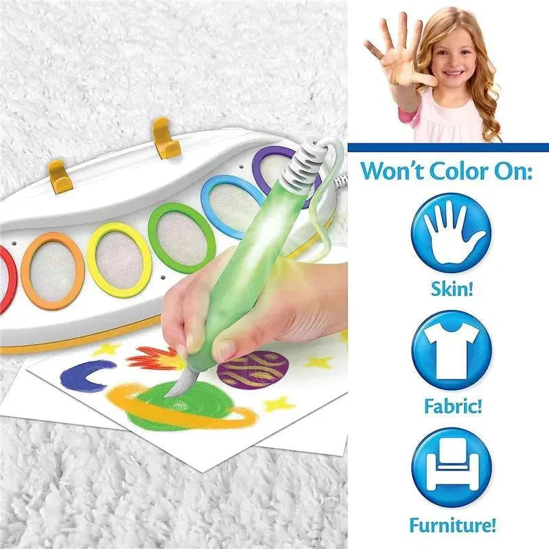 Crayola Color Wonder Magic Light Brush in use, with a child painting on paper, mess-free features highlighted.