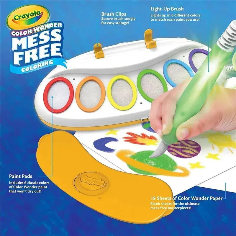 Crayola Color Wonder Magic Light Brush set featuring a light-up brush, paint pads, and Color Wonder paper for mess-free painting.
