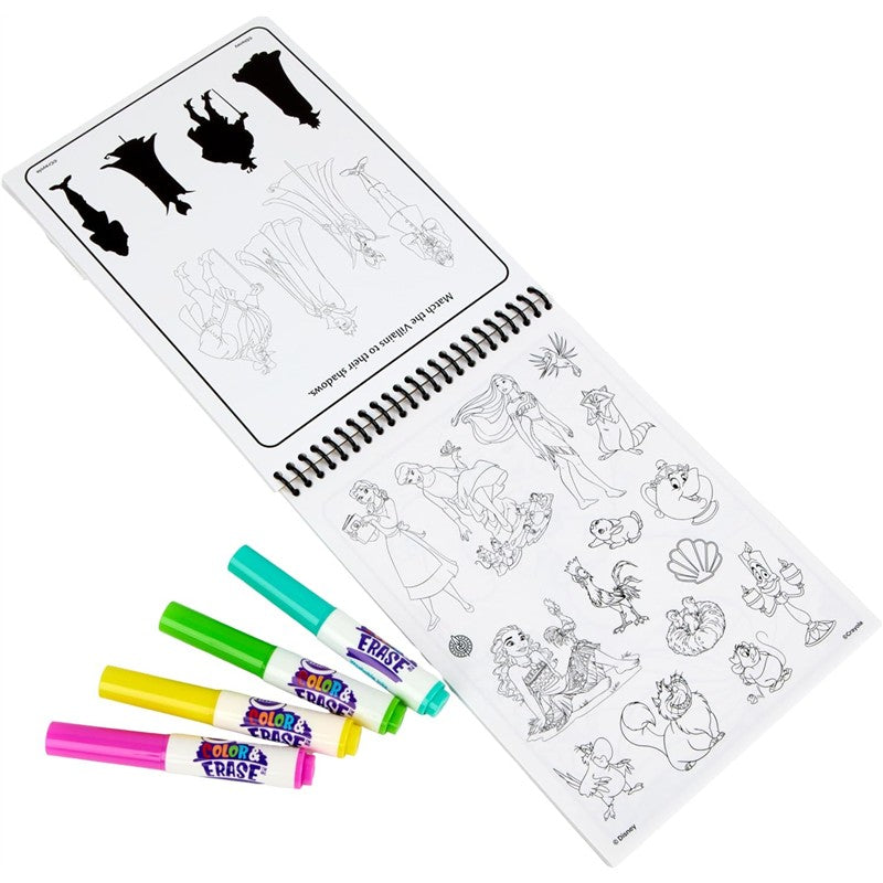 Crayola Disney Princess Color & Erase Activity Pad with coloring pages and four washable markers in pink, green, yellow, and blue.