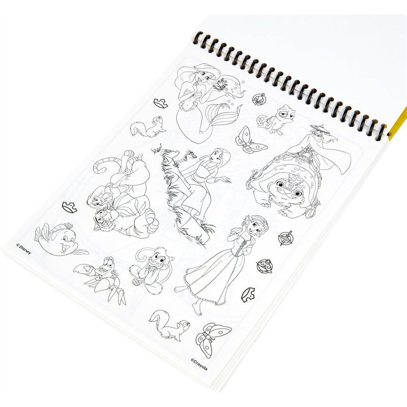 Disney Princess Color & Erase Activity Pad featuring black and white illustrations of various princesses and characters.