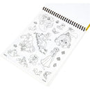Disney Princess Color & Erase Activity Pad featuring black and white illustrations of various princesses and characters.