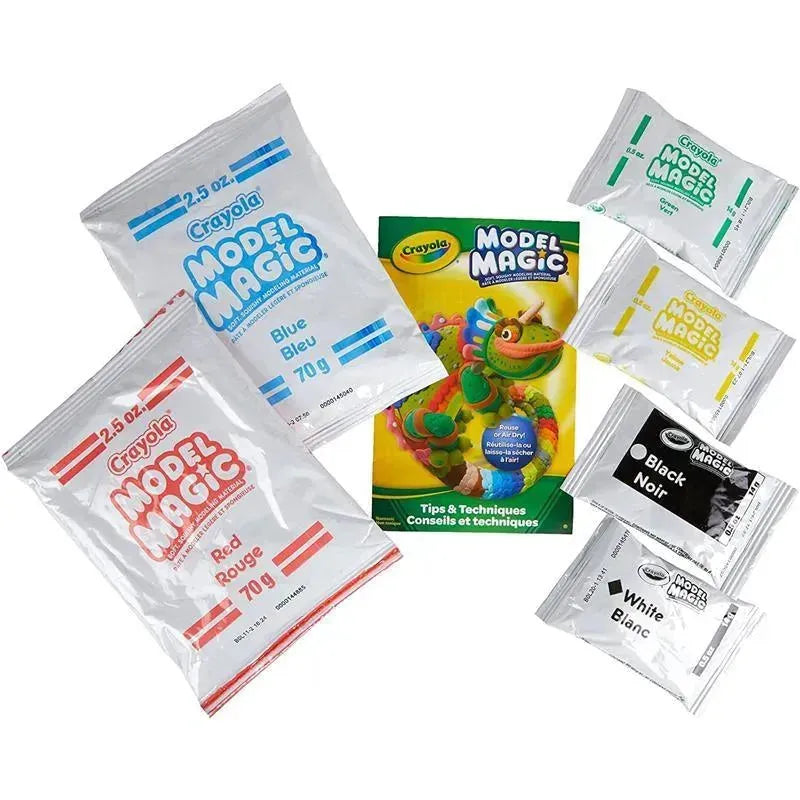 Crayola Model Magic Craft Pack featuring five color packs (red, blue, black, white, yellow) and a guide for tips and techniques.