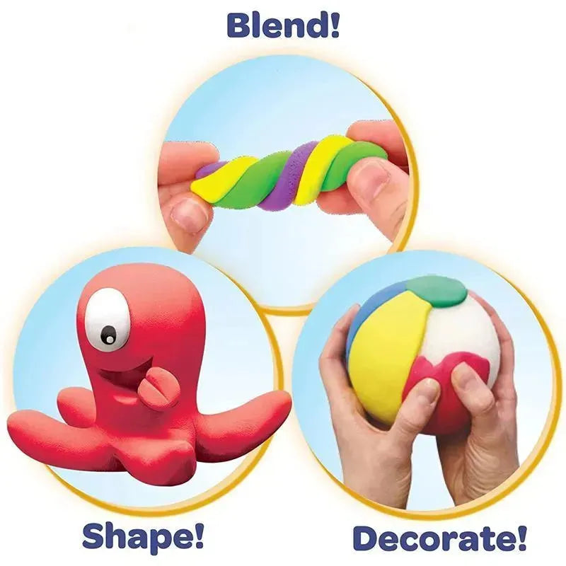 Crayola Model Magic Craft Pack featuring colorful molding activities: blending, shaping an octopus, and decorating a ball.