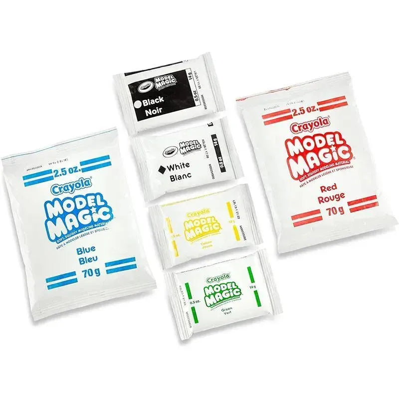 Crayola Model Magic Craft Pack containing five colored modeling materials: blue, green, white, black, and red, with specific weights.