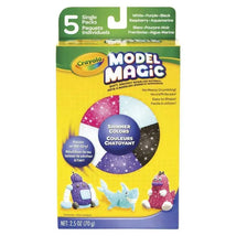 Crayola Model Magic packaging featuring five single packs of soft, non-toxic modeling material in vibrant shimmer colors.